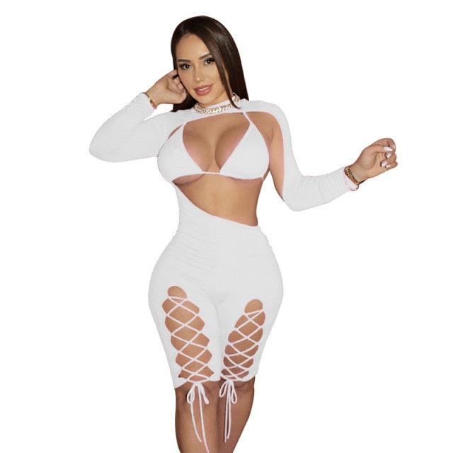 Women Fitness Rompers Sexy Cut Out Playsuits with Bra Sheer Bandage One Piece Night Club Party Jumpsuits