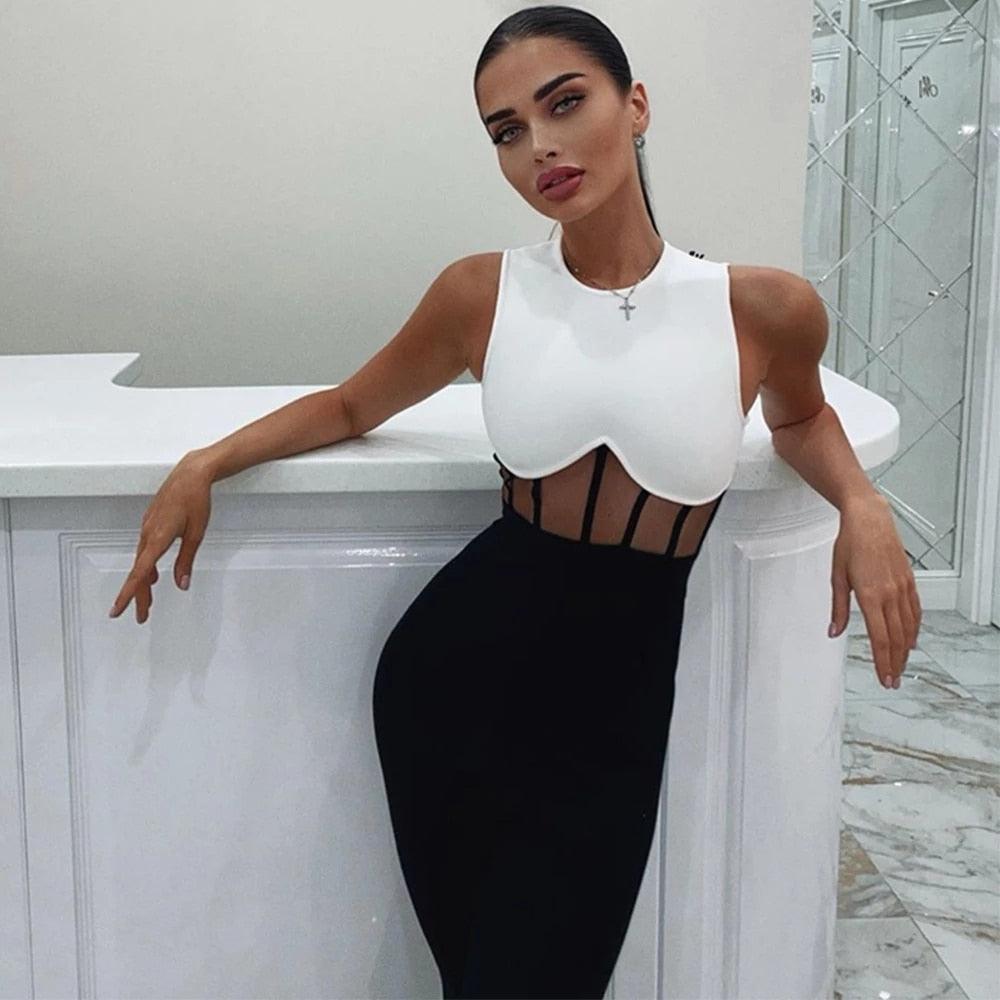 T-BOO 2021 New Summer Bodycon Bandage Dress Women Sexy Sleeveless Black Lace Midi Celebrity Runway Party Dress