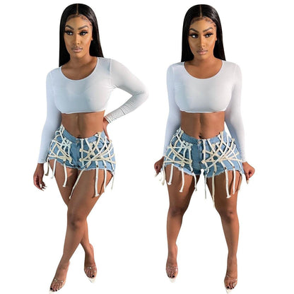 T-BOO Women Distressed Denim New 2021 Summer High Waisted  Shorts Club Party Activewear Outfits Bandage Short Jeans