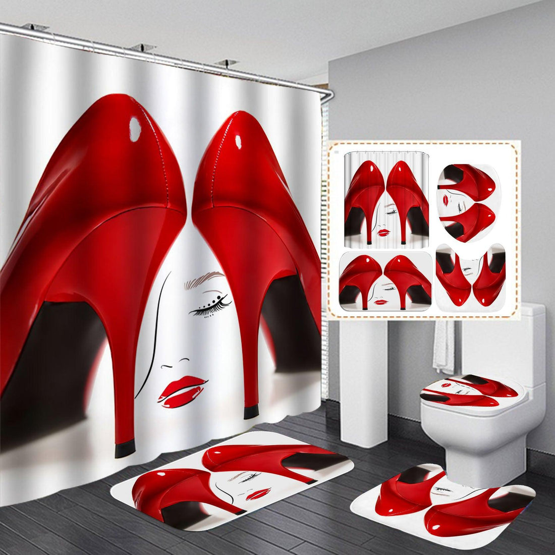 Shower Curtains Set Red High Heels Print Sexy Lady Style Waterproof Bath Mats Rugs for Bathroom Soft Lid Cover Home Decoration