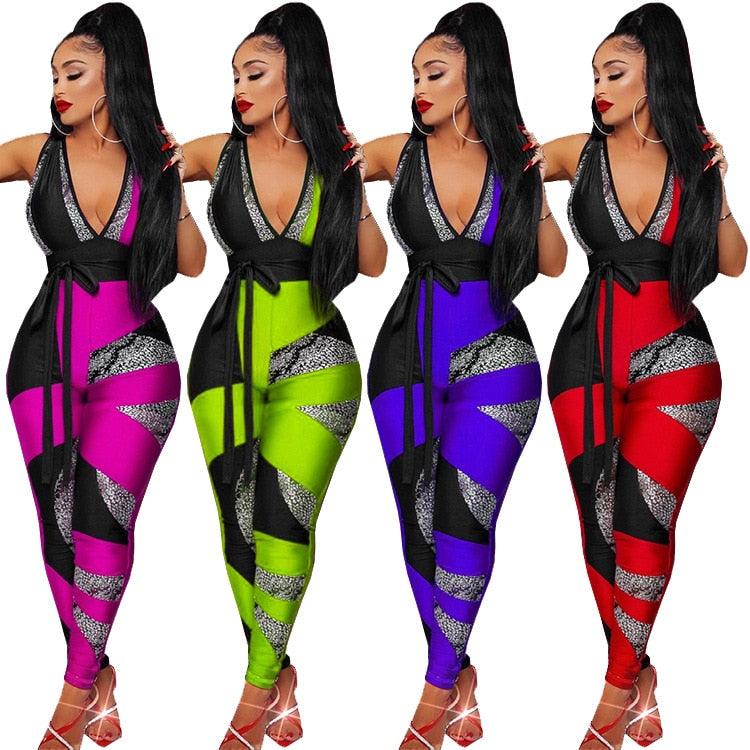 Women Jumpsuit Geo Print Sleeveless V-neck High Waist Sheath Elastic Jumpsuits Lady Sexy High Street Outfit