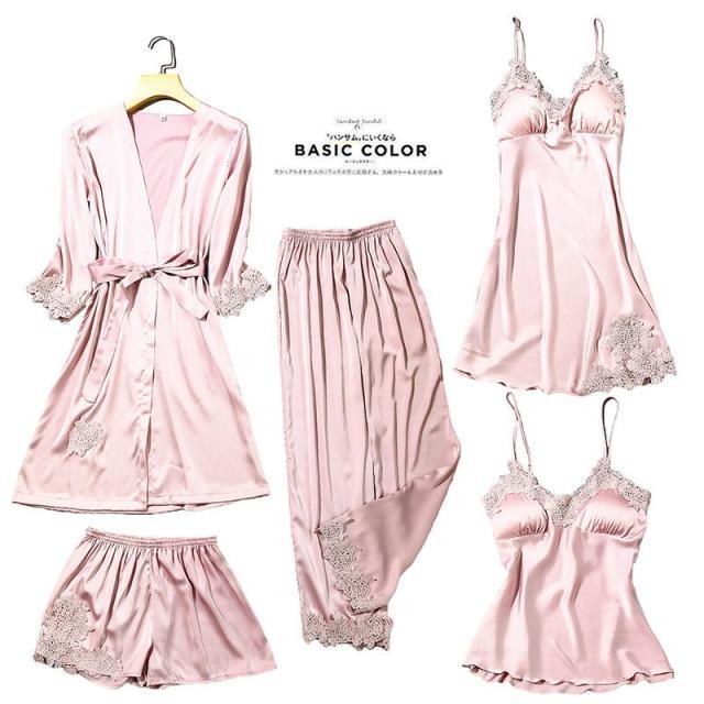 Satin Lace Pajamas Set Women 5PC Strap Top Pants Sleepwear Sleep Suit Spring Autumn Pyjamas Home Wear Nightwear Robe Gown M-XXL