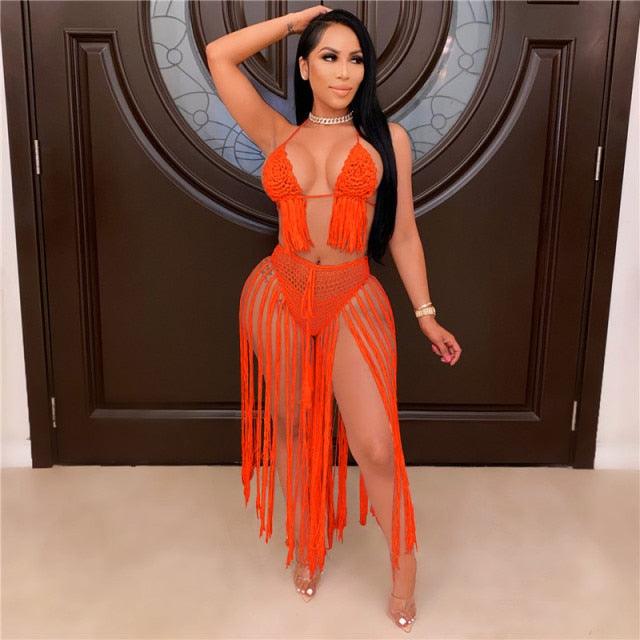 T-BOO Women Two Piece Set Hand Crochet Summer Beach DressSexy Tassel Fashion Halter Bra Crop Top Fringing Maxi Skirt Coverups