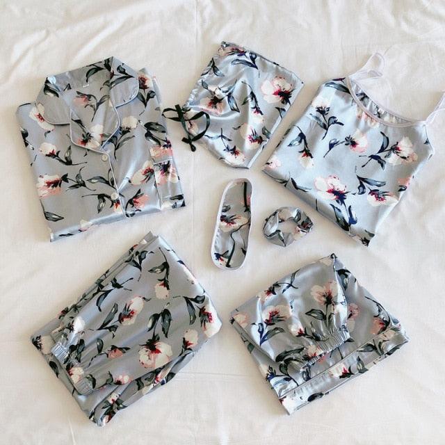 Women Pajamas Set 7 Pieces Satin Faux Silk Printing Pajamas For Woman Sleepwear