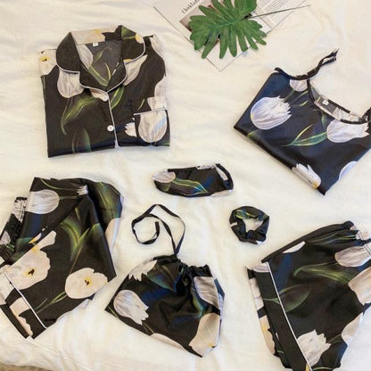 Women Pajamas Set 7 Pieces Faux Silk Printing Satin Pajamas For Woman Sleepwear