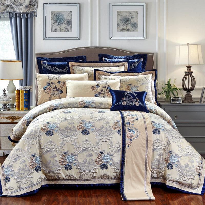 T-BOO 4/6/10Pcs Jacquard Luxury Blue Bedding Set King/Queen Size US king 104X90in Cotton Flat sheet Bed Spread Duvet Cover Pillowcases