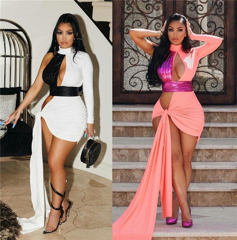 T-BOO Women Sexy Patchwork Color Lace Up Mini Dress Hollow Out Halter One Shoulder Long Sleeve Bodycon
