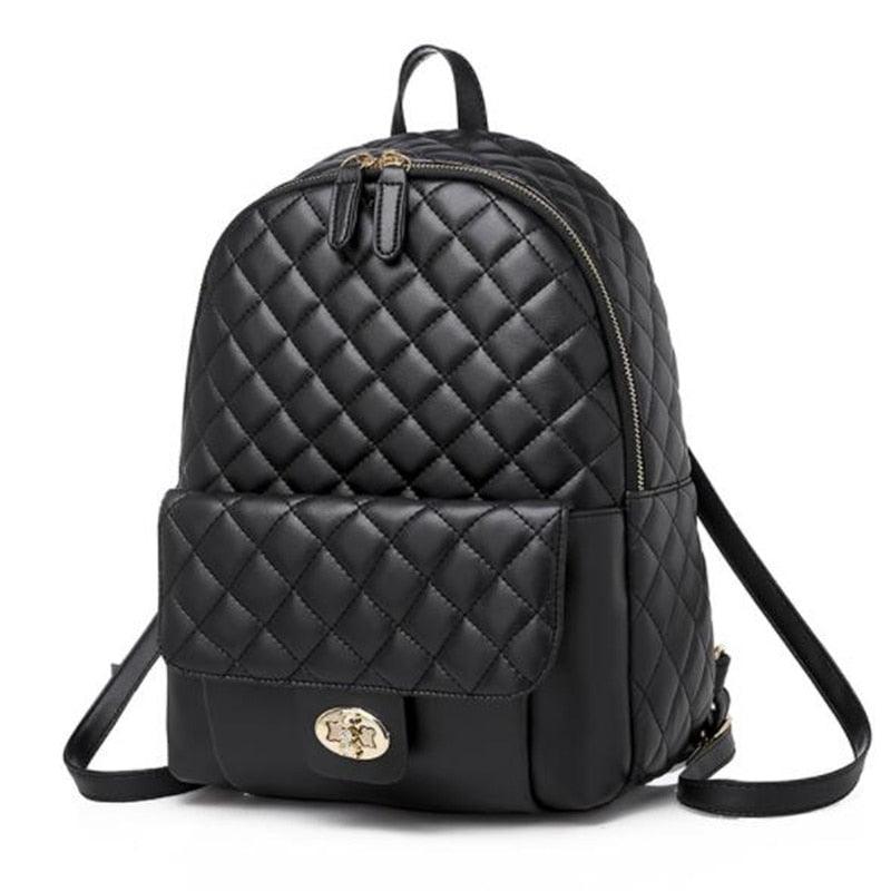 Luxury Black Backpack Women PU Leather Plaid School BookBag PU Leather Knapsack Large Capacity Backpack