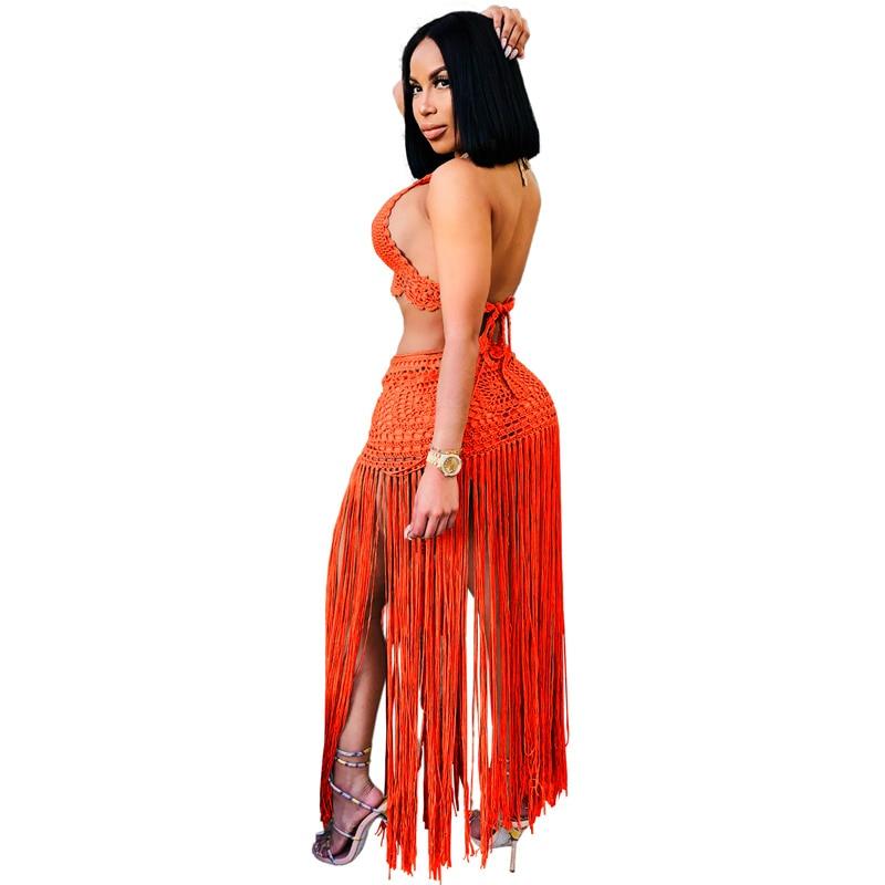 T-BOO Women Hand Crochet Two Piece Set Beach Dress Lace Up Halter Bra Top Tassel Maxi Skirt Casual Swimwear