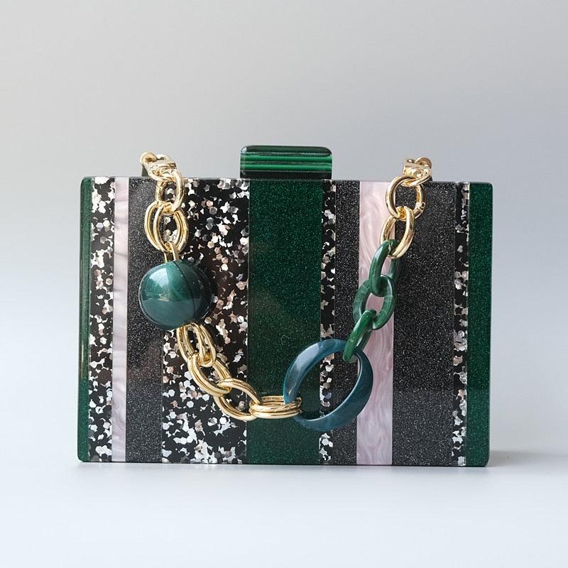 New Women Striped Handbags Trendy Handbag Fashion Sequin Green  Acrylic Luxury Evening Bag Clutch Purse