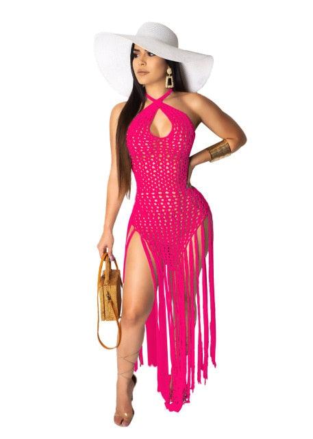 T-BOO  Crochet Fishnet Tassel Beach Dress Sexy Fashion Backless Halter Maxi Dress for Women Tunic Swimwear Outfits