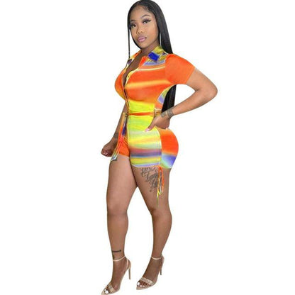 Women Rompers Rainbow Stripe  Skinny Biker Playsuit Sexy Deep V Neck Club Party Outfits Onepiece