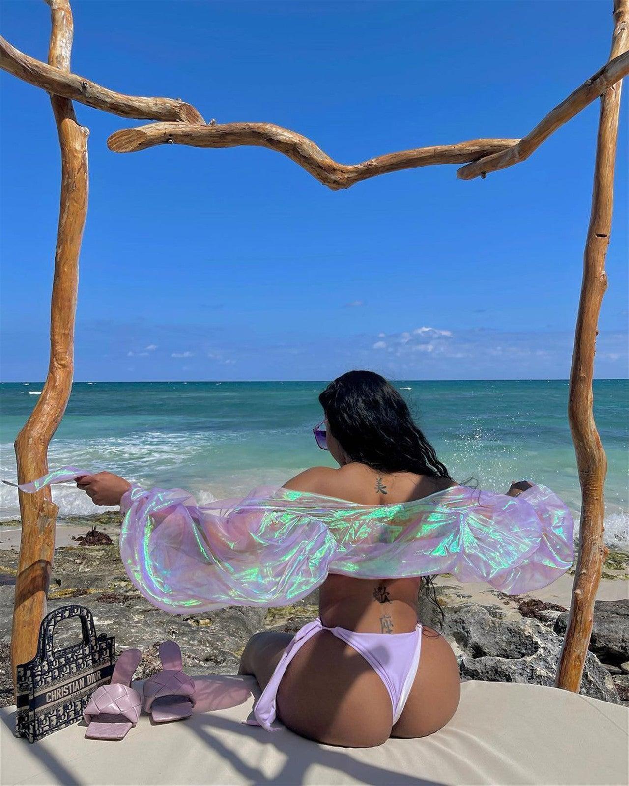T-BOO  Women Beachwear Sexy Colorful Cloak Sun Protection Cover Summer lantem Sleeve Swimwear clothes Loose Club Crop Tops