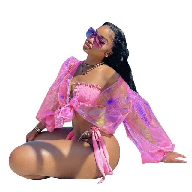 T-BOO Women Beachwear Sexy Colorful Cloak Sun Protection Cover Summer lantem Sleeve Swimwear clothes Loose Club Crop Tops