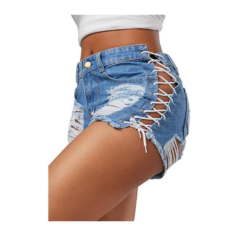 T-BOO High Waisted Women Vintage Ripped Hole Fringe Denim Shorts Lace Up Casual Pocket Jeans Shorts Hot Shorts