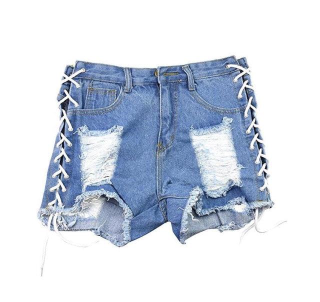 T-BOO High Waisted Women Vintage Ripped Hole Fringe Denim Shorts Lace Up Casual Pocket Jeans Shorts Hot Shorts