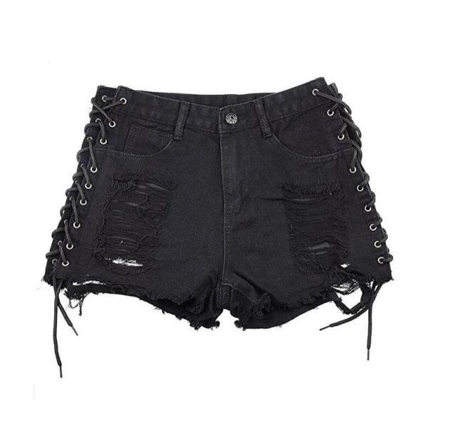 T-BOO High Waisted Women Vintage Ripped Hole Fringe Denim Shorts Lace Up Casual Pocket Jeans Shorts Hot Shorts