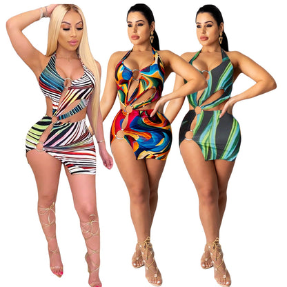 Colorful Print Women Mini Dress Sheer Halter Cutout 2021 Summer Sundress Sexy Slit Night Party Fashion Robes Evening Vestidos
