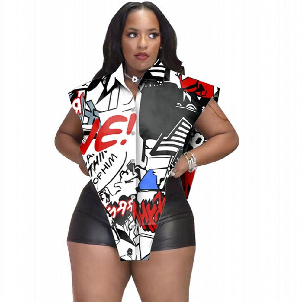 Women Sleeveless Comic Strip Shirt Lady Fashion Street Style Buttons Up Shirt Sexy Summer Turn-down Collar Letter Tops Irregular Hem Loose Blouse