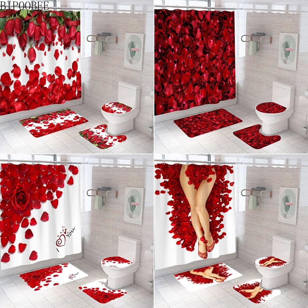 Red Bathroom Shower Curtain Set Rose Petals Pedestal Rug Flannel Toilet Cover Fabric Bath Mats Rugs Home Decor