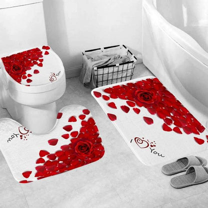 Red Bathroom Shower Curtain Set Rose Petals Pedestal Rug Flannel Toilet Cover Fabric Bath Mats Rugs Home Decor