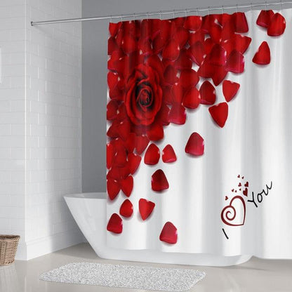 Red Bathroom Shower Curtain Set Rose Petals Pedestal Rug Flannel Toilet Cover Fabric Bath Mats Rugs Home Decor