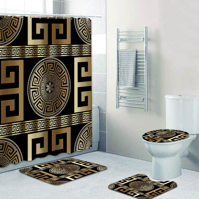 Black Gold3D Luxury Greek Key Meander Bathroom Curtains Shower Curtain Set for Bathroom Modern Geometric Ornate Bath Rug Decor