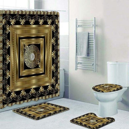 Black Gold3D Luxury Greek Key Meander Bathroom Curtains Shower Curtain Set for Bathroom Modern Geometric Ornate Bath Rug Decor