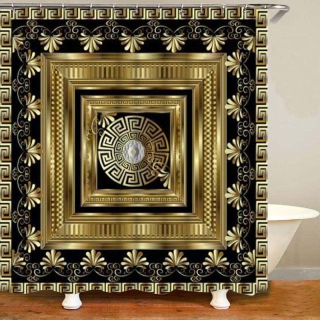 Black Gold3D Luxury Greek Key Meander Bathroom Curtains Shower Curtain Set for Bathroom Modern Geometric Ornate Bath Rug Decor