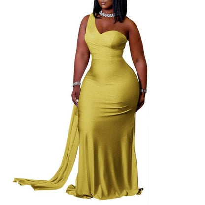 T-BOO Maxi Long Dress Plus Size Solid One Shoulder Party Night Evening Club Dress Skinny Bodycon Vintage Vestidos Fitness Robe