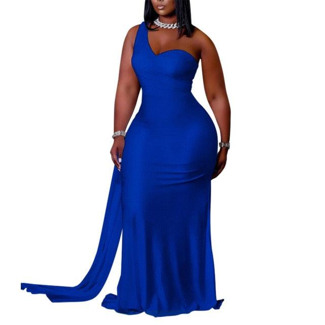 T-BOO Maxi Long Dress Plus Size Solid One Shoulder Party Night Evening Club Dress Skinny Bodycon Vintage Vestidos Fitness Robe
