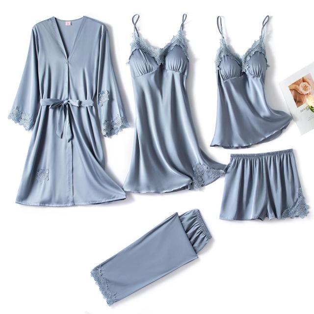 Womens 5PC Silk Robe Satin Pajamas Sleep Suit Lace  Gown Set V-Neck Cami Nighties Wear Pijama Home Nightwear Spring Nightdress