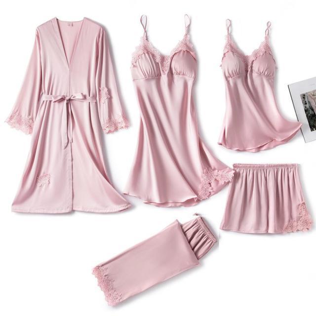 Womens 5PC Silk Robe Satin Pajamas Sleep Suit Lace  Gown Set V-Neck Cami Nighties Wear Pijama Home Nightwear Spring Nightdress