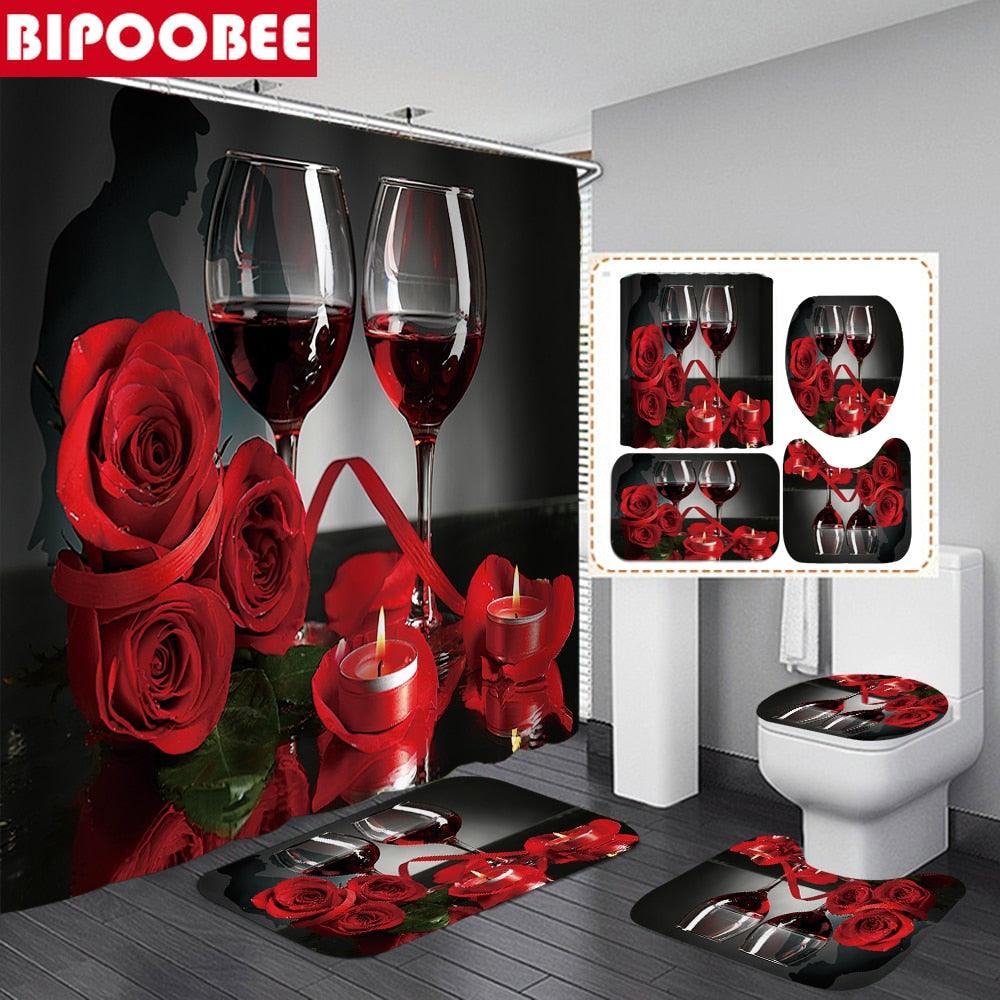 Red Rose Wine Romantic Shower Curtain Set Toilet Lid Cover and Bath Mat Valentine&