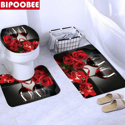 Red Rose Wine Romantic Shower Curtain Set Toilet Lid Cover and Bath Mat Valentine&
