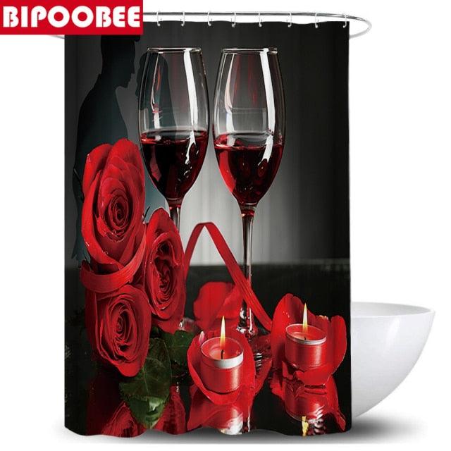 Red Rose Wine Romantic Shower Curtain Set Toilet Lid Cover and Bath Mat Valentine&
