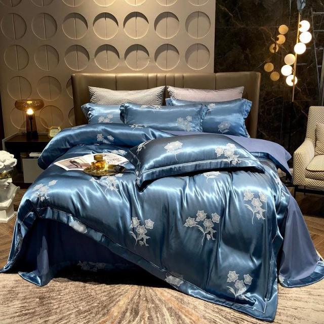 Luxury Satin Bedding Premium Silky Jacquard Floral Leaves Duvet Cover with Zipper closure ultra soft comfor bed sheet pillowcase
