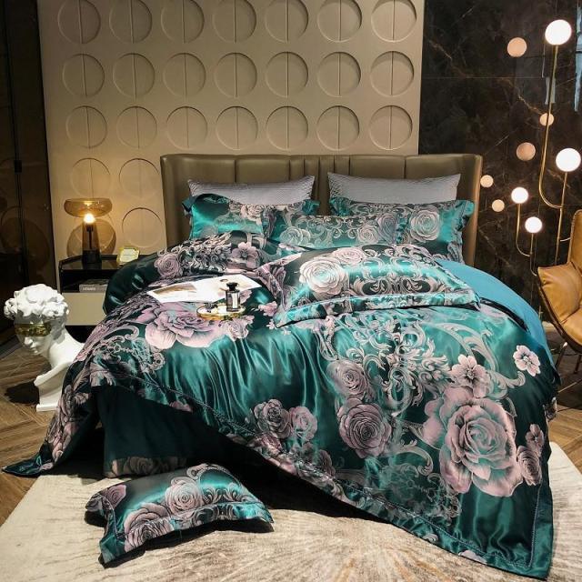 Luxury Satin Bedding Premium Silky Jacquard Floral Leaves Duvet Cover with Zipper closure ultra soft comfor bed sheet pillowcase
