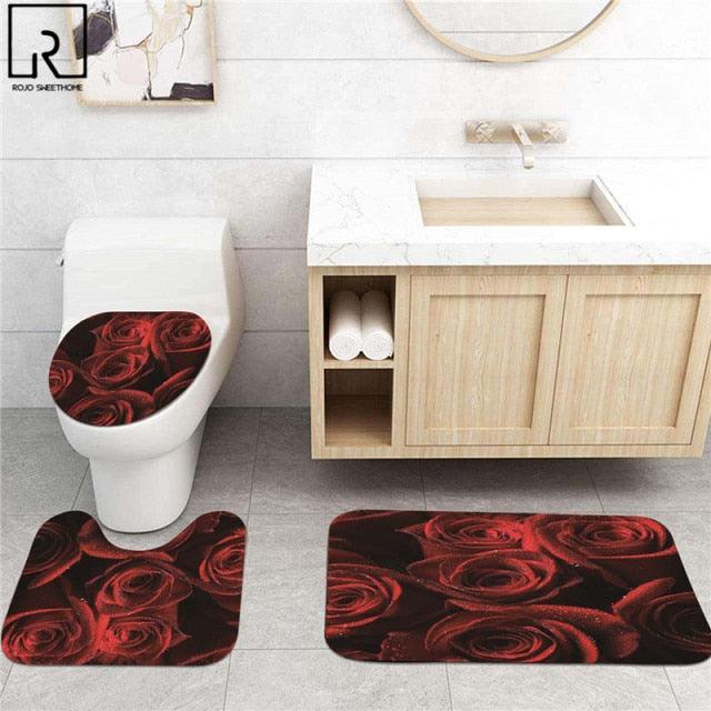 Red Rose Black Print Shower Curtain Valentine's Romantic Bathroom Decor Modern Home Mat Set Toilet Carpet WC Rugs Accessories