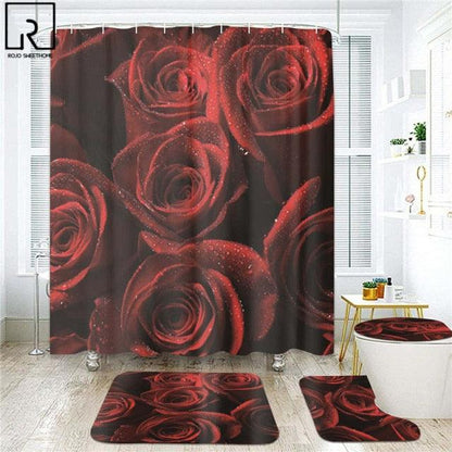 Red Rose Black Print Shower Curtain Valentine's Romantic Bathroom Decor Modern Home Mat Set Toilet Carpet WC Rugs Accessories