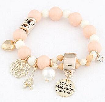 New Arrival Fashion Wrap Cuff Charms Crystal simulated Pearl Beads Hearts Elastic Force Bracelet