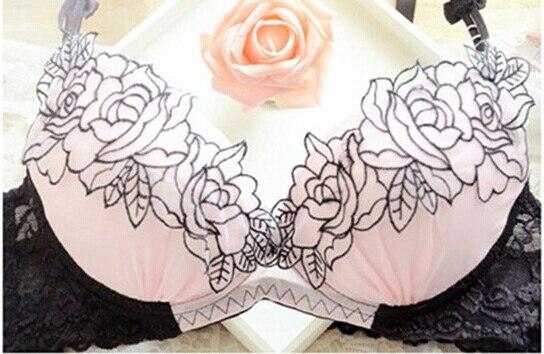 Women Sexy Embroidery deep V-neck adjustable push up lace bra underwear set