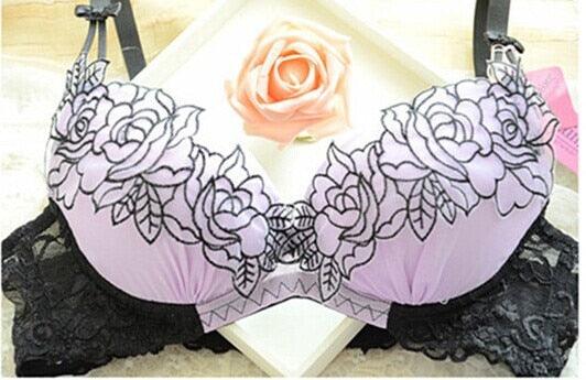 Women Sexy Embroidery deep V-neck adjustable push up lace bra underwear set