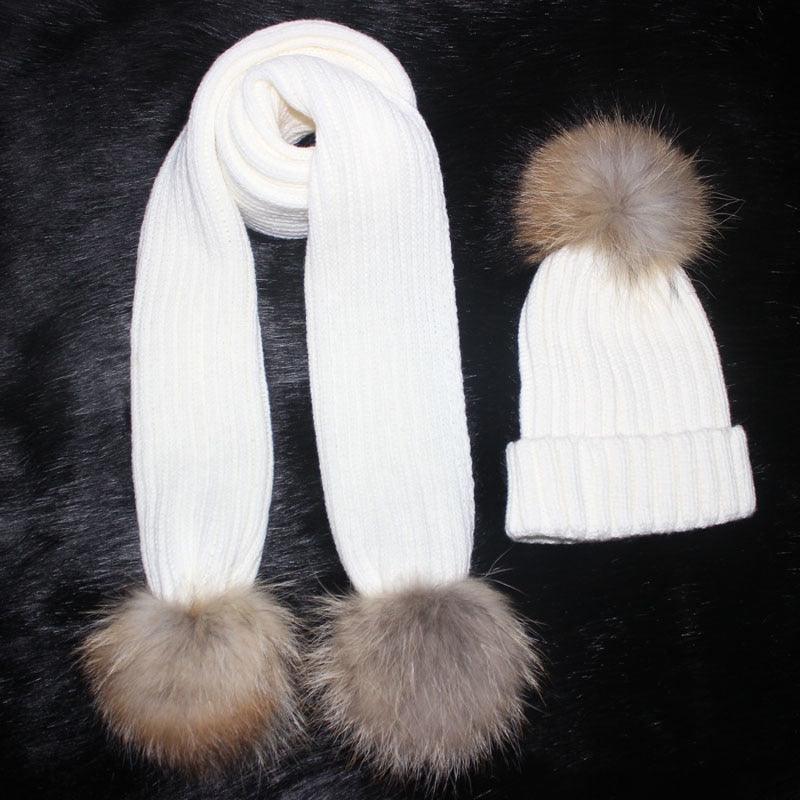 Ladies Luxury Scarf and Hat Set Crochet Hats and scarves with Real fur pom Beanie Hat for Women