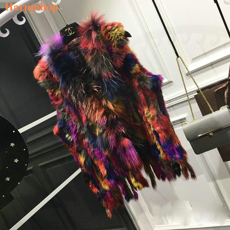 Womens Real Knitted Rabbit Fur Vests with Raccoon Fur Collar Plus Size Waistcoat