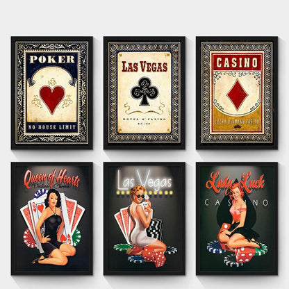 Personality Retro Oil Painting Poker and Sex Girl Canvas Painting Las Vegas Poster and Prints Wall Pictures No Frame