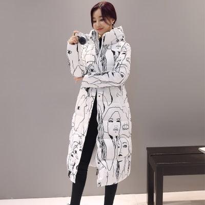 Women Long Coat Fashion Design Print Thick Padded Down Cotton Slim Jacket