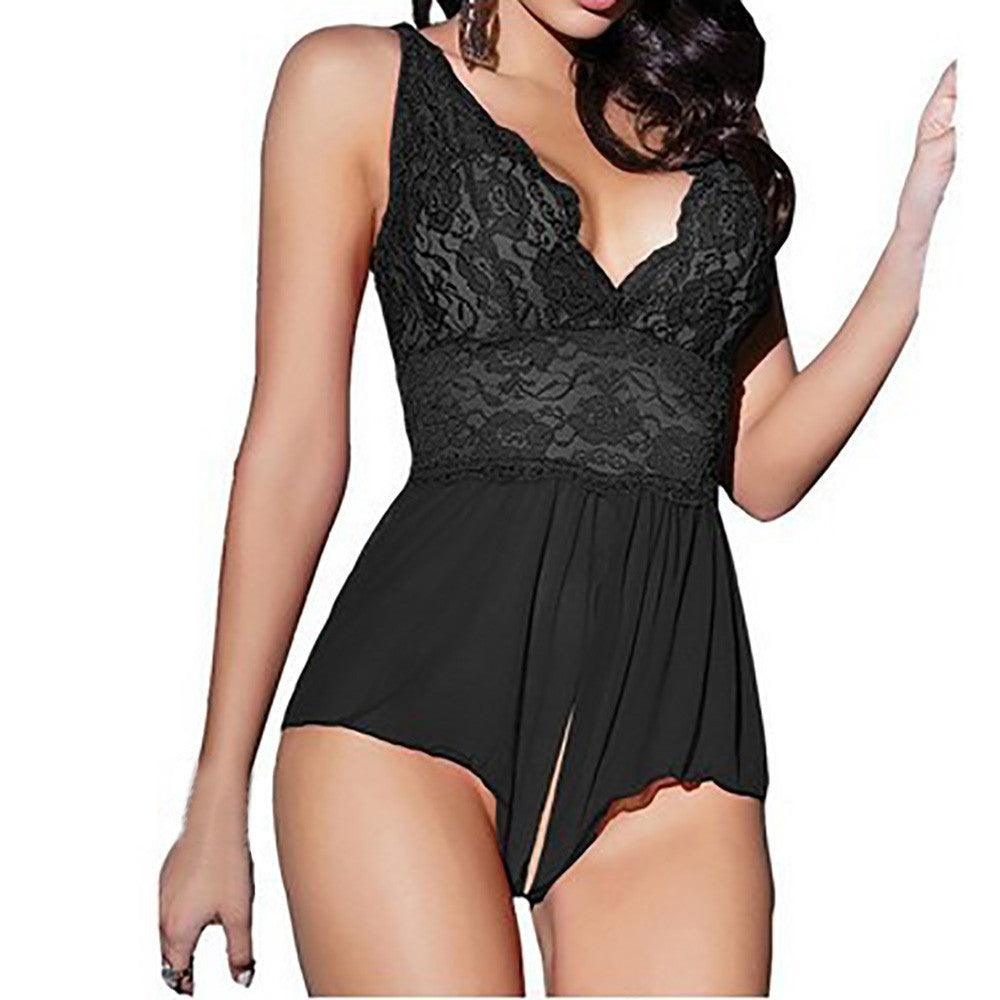 Women Sexy Lace Lingerie Backless Halter Babydoll G-string Dress