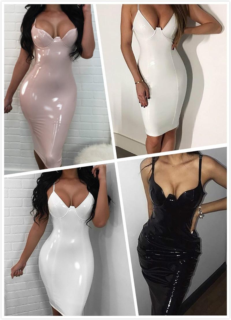 Women Spaghetti Strap PU Elegant Sexy Bodycon Dress Vestidos Lady Party Dresses