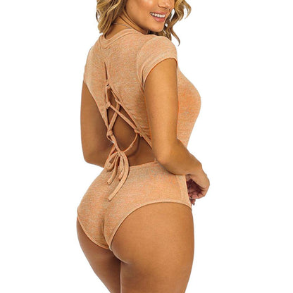 Women Backless Sexy Short Sleeve Bandage Skinny Sleepwear Bodysuits Jumpsuit